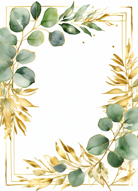 Photo watercolor eucalyptus leaves greend and gold border design frame background