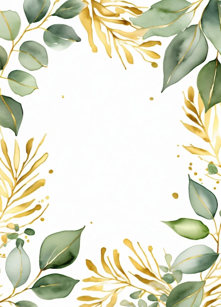 Акварель Евкалипт листья зеленый и золотой границы дизайн каркаса фона