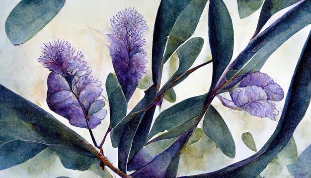 Watercolor eucalyptus leaves and lavender flower illustration Floral frame border bouquet set Generative Ai