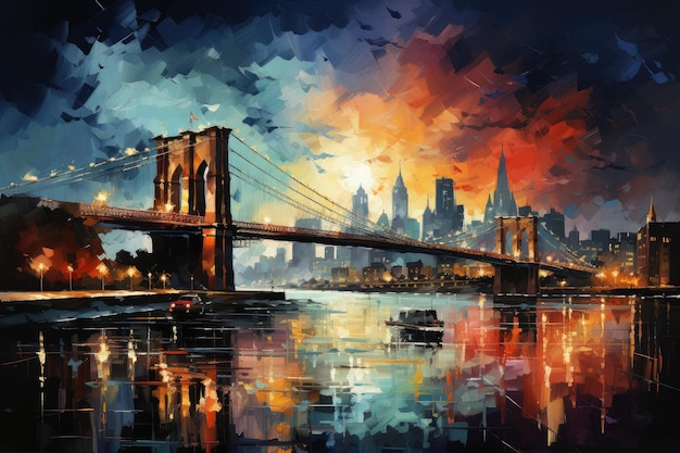 Watercolor evening sunset over the Brooklyn Bridge in New York Urban landscape Generative AI