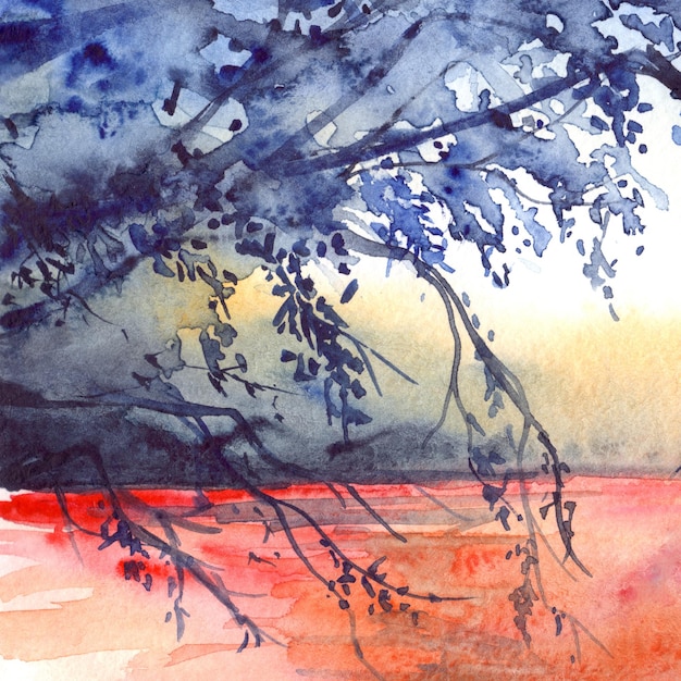 Watercolor evening sunset tree branches river lake landscape