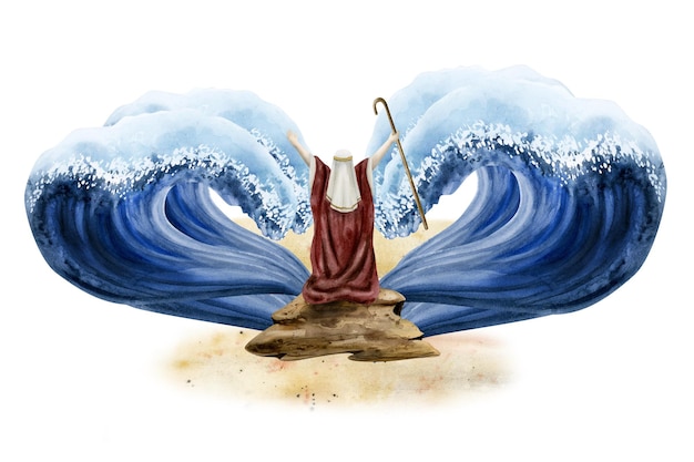 Watercolor Exodus with Moses from Passover Haggadah Bible story about separating Red sea