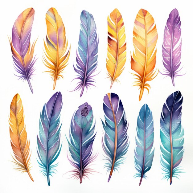 Watercolor exotic bird feathers Multicolored feathers