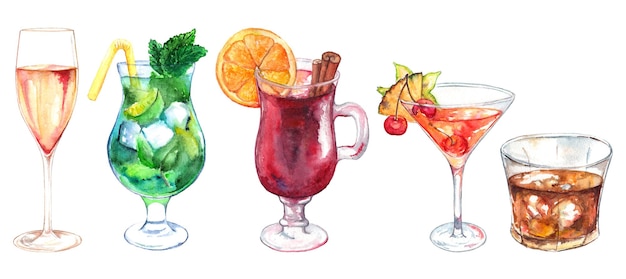 Photo watercolor exotic drink alcohol cocktail set isolated