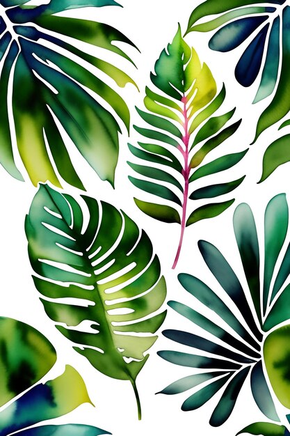 Watercolor exotic plants palm leaves