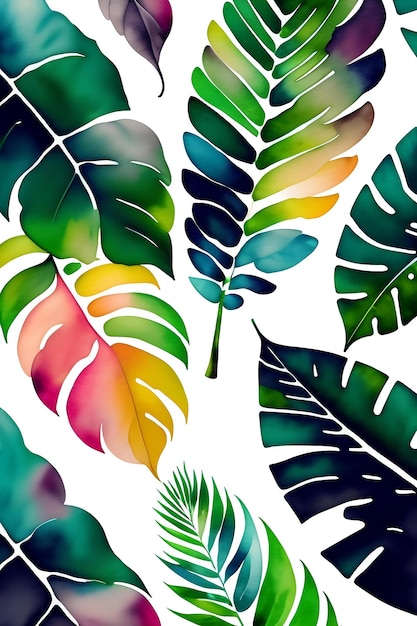 Watercolor exotic plants palm leaves