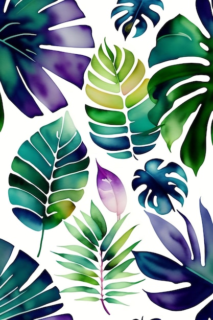 Watercolor exotic plants palm leaves