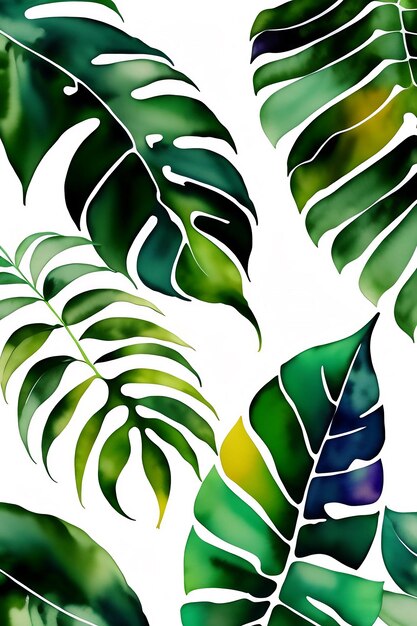 Watercolor exotic plants palm leaves