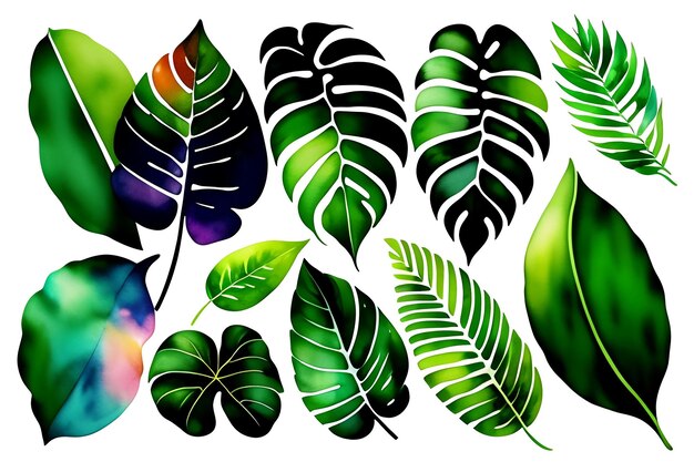 Watercolor exotic plants palm leaves