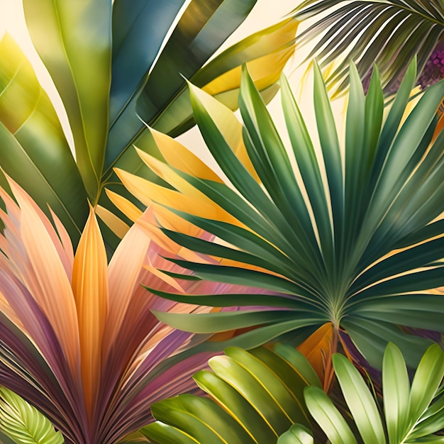 Watercolor Exotic plants palm leaves