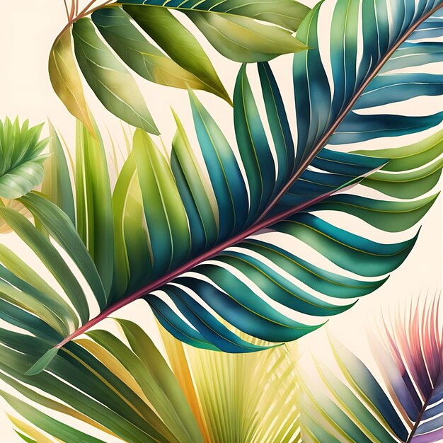 Watercolor Exotic plants palm leaves