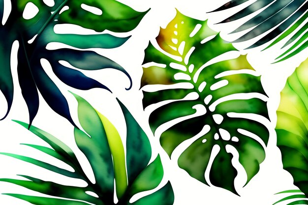 Watercolor exotic plants palm leaves