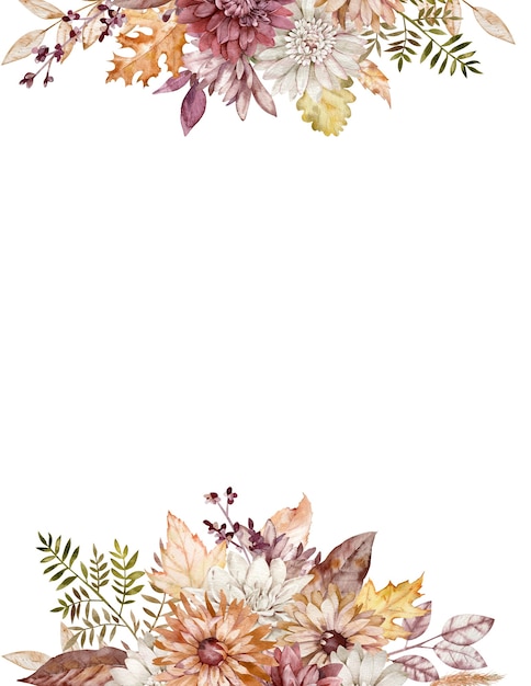 Watercolor fall borders. Autumn crimson, white and orange asters. Fall flowers frame. Autumn floral template.