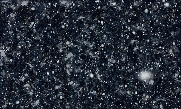 Watercolor falling snow in the night sky.