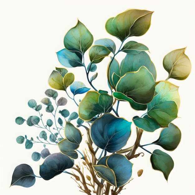 Photo watercolor of a fantastic plant with beautiful leaves in blue and green