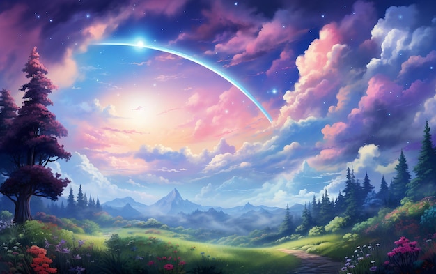 Foto acquerello fantasy sky con un'arte acquerellata dell'arcobaleno