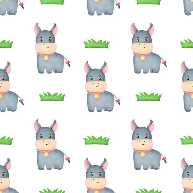 Watercolor farm animal with cute donkey seamless pattern