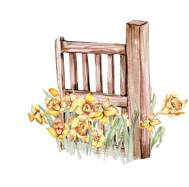 Watercolor farm composition with fence and flowers