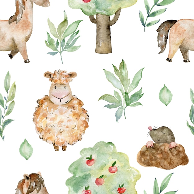 Watercolor farm seamless pattern with animals and leaves Cute cartoon characters
