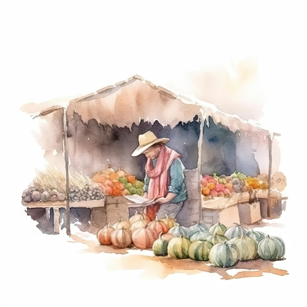 watercolor of a farmer with stalls