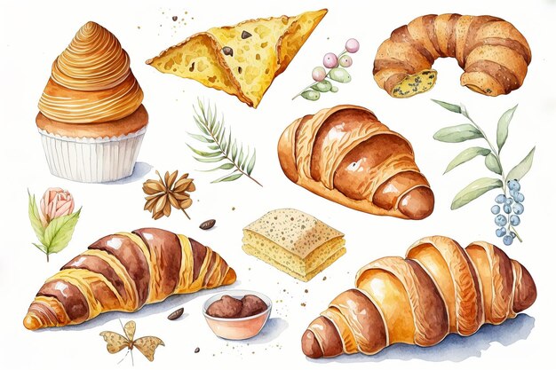 Watercolor of farmhouse bakery goods collection, hand-drawn, isolated on white background