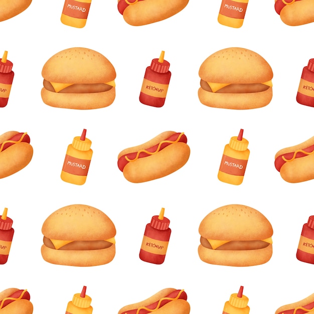 Photo watercolor fast food seamless patterns.