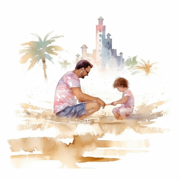 watercolor of a father and child on a beach with palm trees