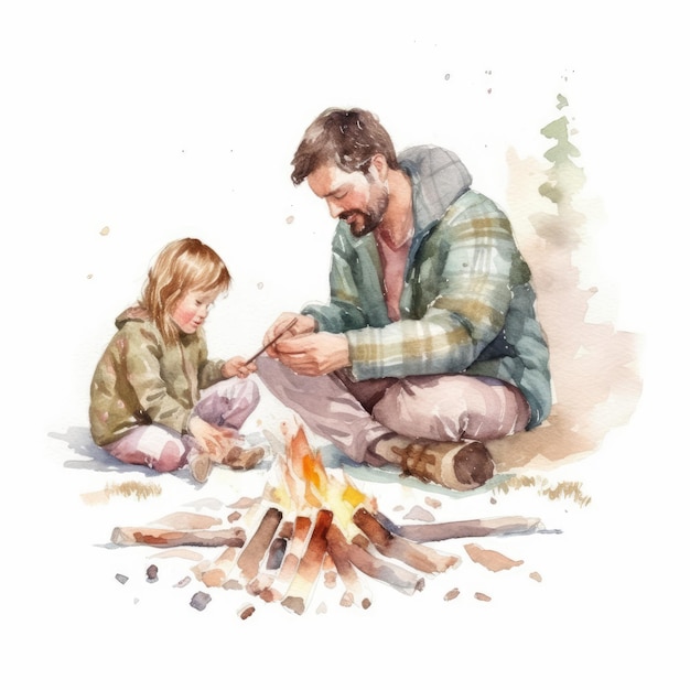 watercolor of Father and child in campfire