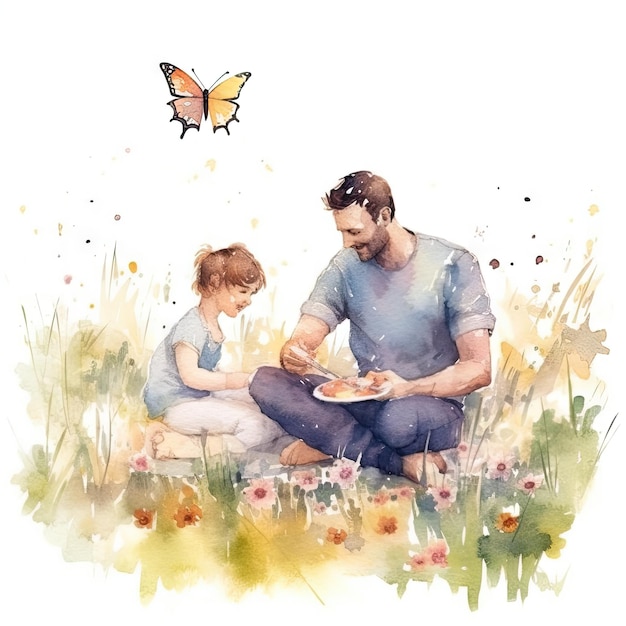 Watercolor of a father and child enjoying a picnic in a meadow