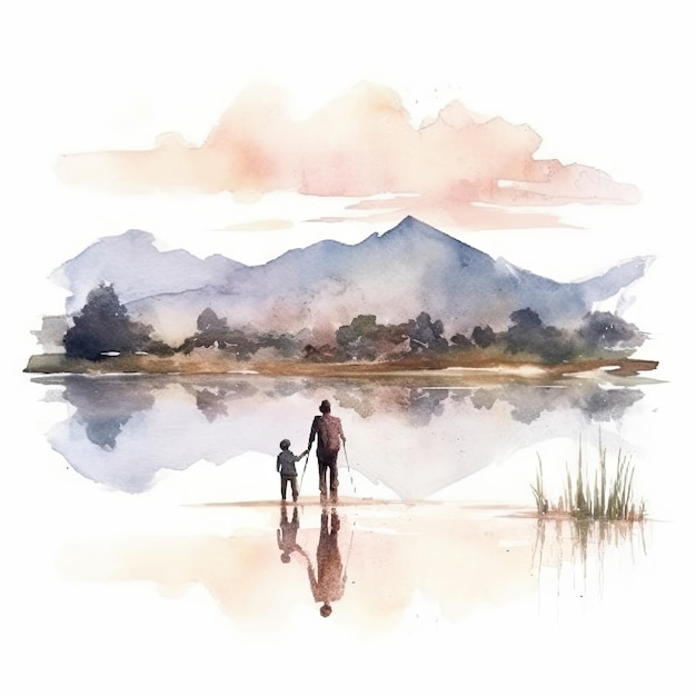 Watercolor of a father and child fishing in a peaceful lake