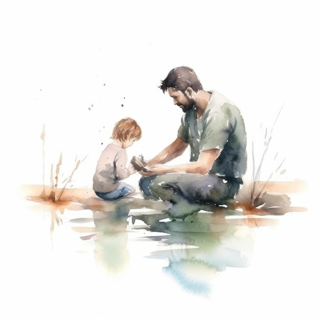 釣りをする父と子の水彩