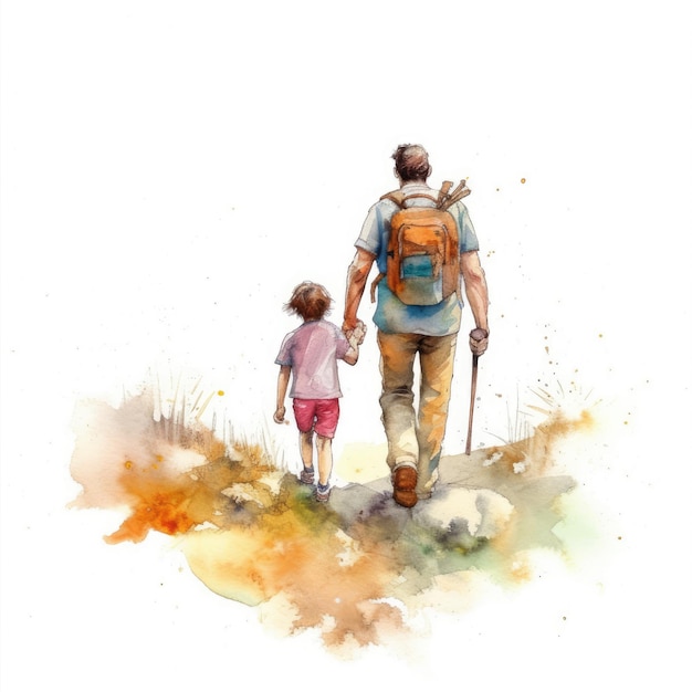 Watercolor of Father and child hiking