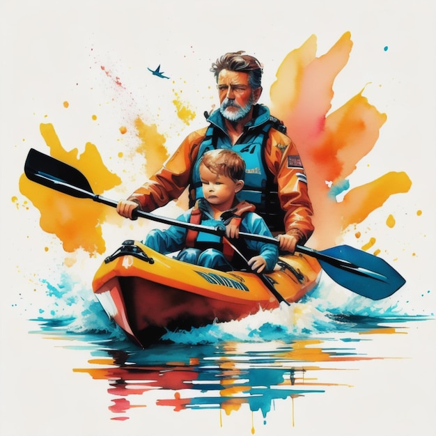Watercolor of Father and child kayaking