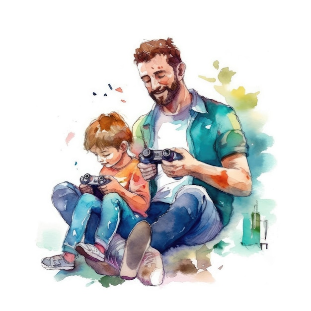 함께 비디오 게임을 하는 아버지와 아이의 수채화