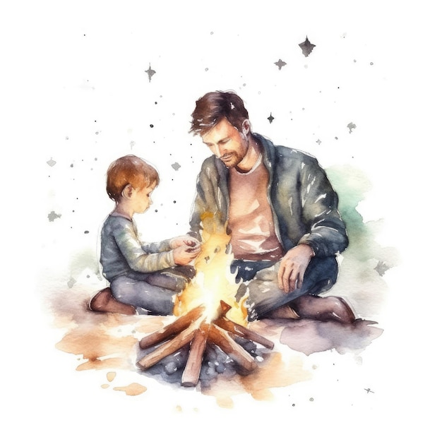 Photo watercolor of a father and child roasting around a campfire