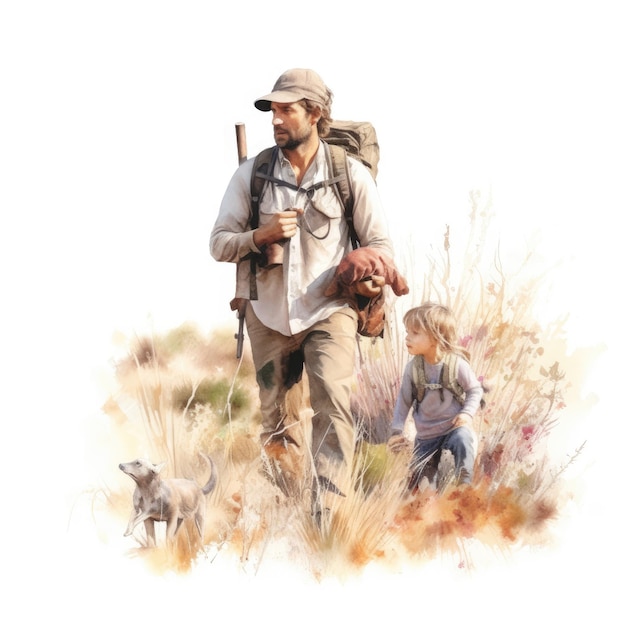 watercolor of Father and child spotting wildlife