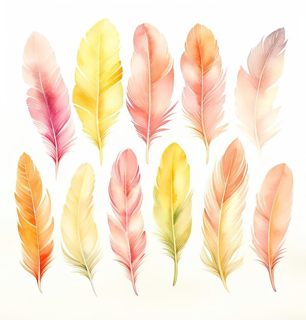 Photo watercolor feathers isolated on white in the style of gabriel dawe