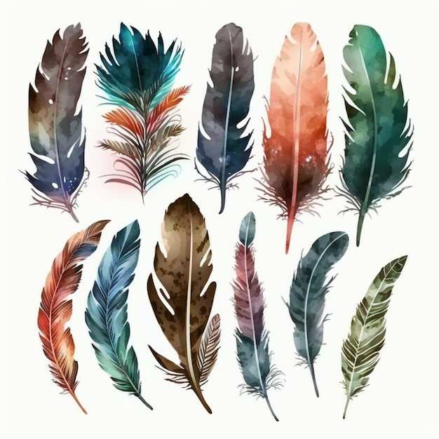 Watercolor feathers on a white background.