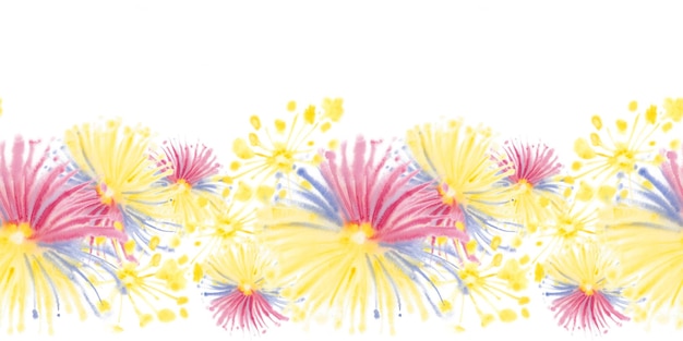 Watercolor festive fireworks seamless pattern colorful border yellow blue magenta red color on white