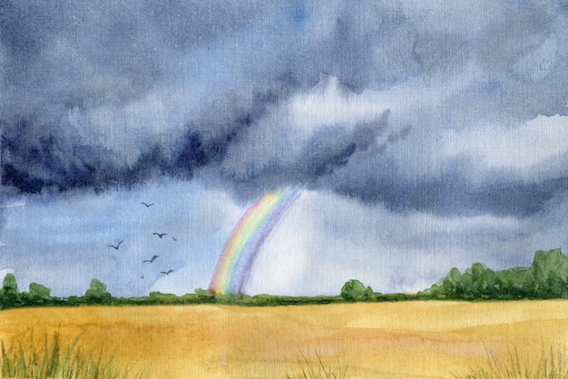 Watercolor field landscape dark sky with clouds and rainbow trees and birds