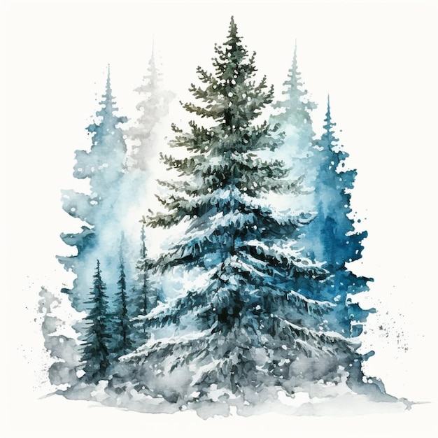 Акварель Инжир Сосны Зимней Деревья Иллюстрация