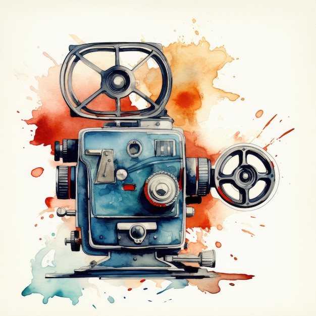 watercolor film Movie projector retro sketch hand drawn vintage