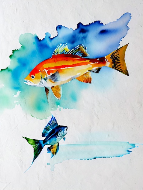 水彩画の魚の絵の芸術的な背景の複製湖海と海洋