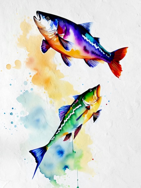 Watercolor Fish Painting Artistic Background Reproduction Lake Sea and Ocean