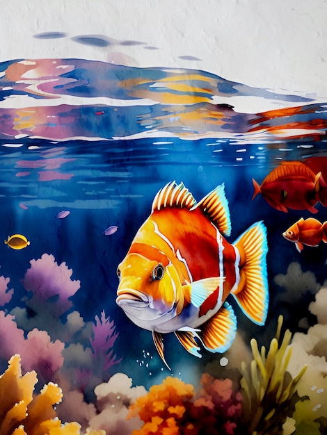 Watercolor fish painting artistic background reproduction lake sea and ocean