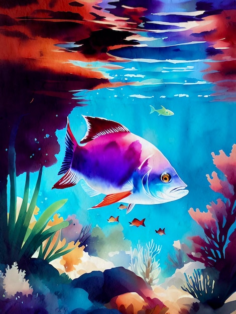 Watercolor Fish Painting Artistic Background Reproduction Lake Sea and Ocean