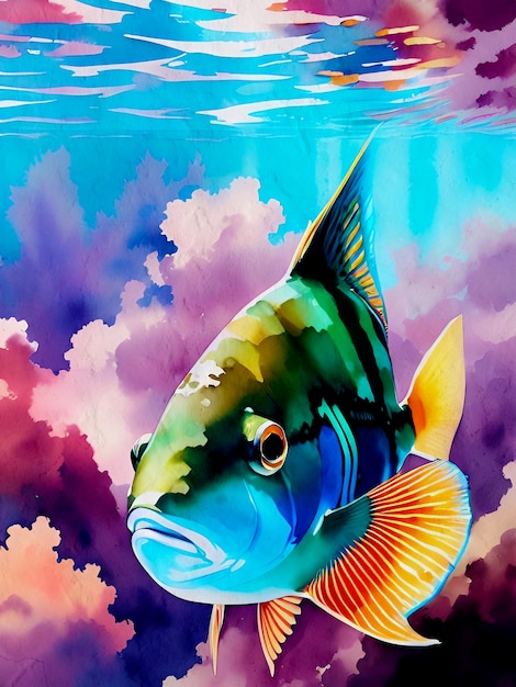 水彩画の魚の絵の芸術的な背景の複製湖海と海洋