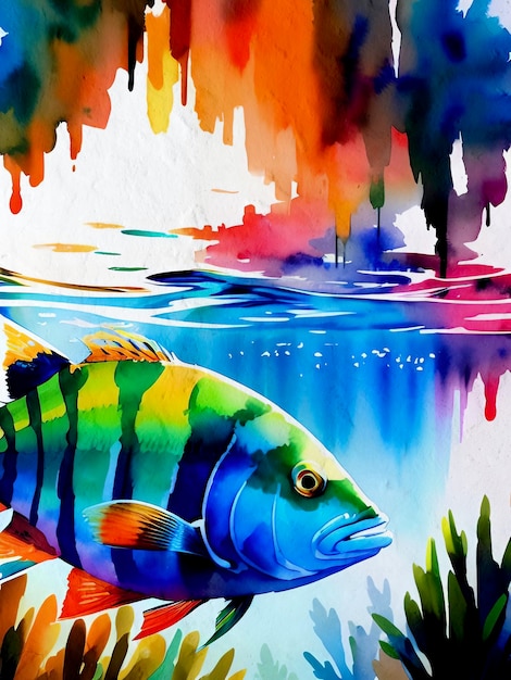 Watercolor Fish Painting Artistic Background Reproduction Lake Sea and Ocean