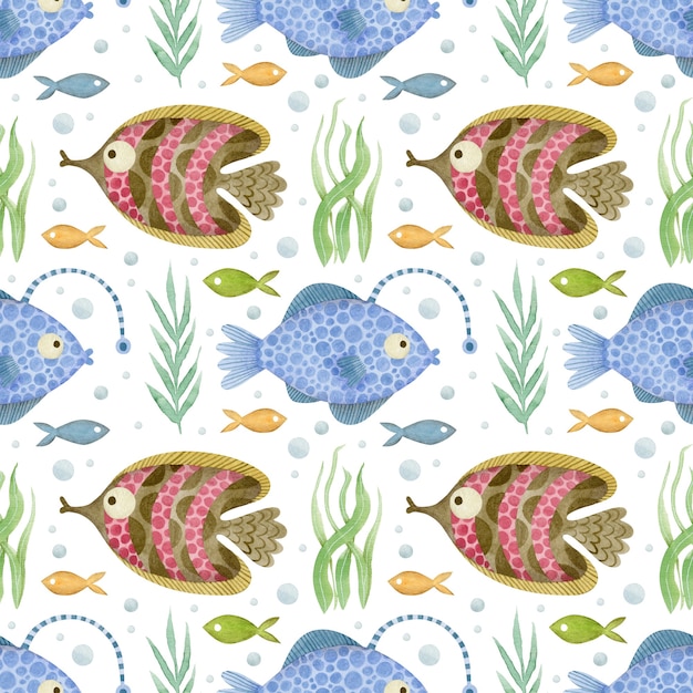 Watercolor fish seamless pattern Ocean friends background on white background