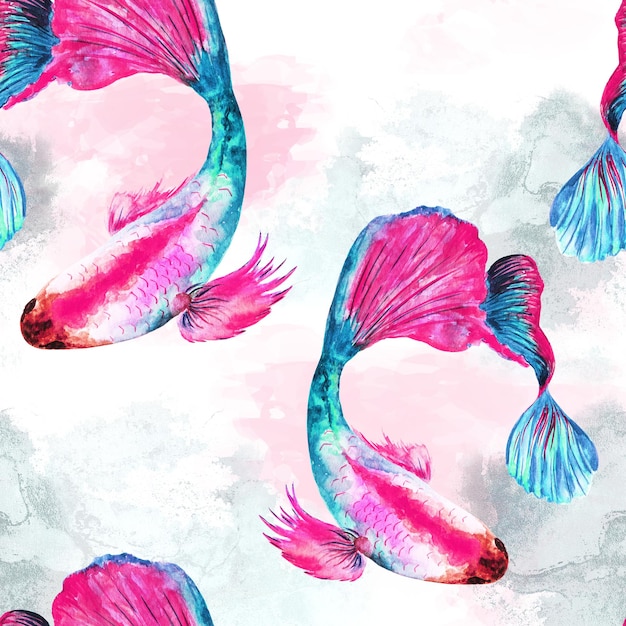 Watercolor fish seamless patternTropical fishes seaweed on white background